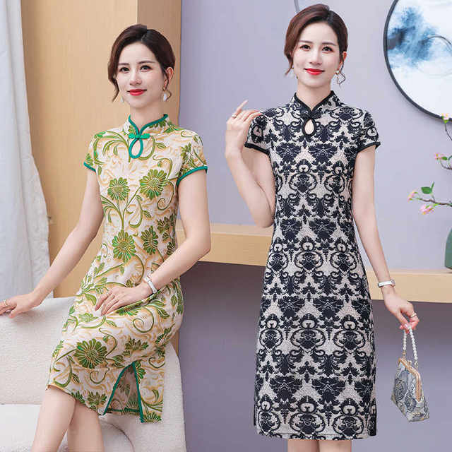 This summer new style of middle-aged and elderly mothers retro temperament Chinese cheongsam dress improved version skirt popular thin