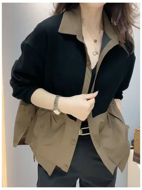 2025 high-end contrasting color splicing women's jacket spring new style polo collar double pocket loose casual mother suit