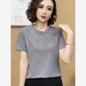 
Heavy industry diamond-encrusted short-sleeved T-shirt for women 2026 summer new style middle-aged mother's wear loose large size flesh-covering slimming top