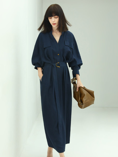 Temperament commuting long short-sleeved swing dress with belt