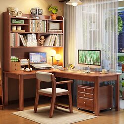 Zhaojiang Shijia Nordic Solid Wood Corner Desk with Integrated Bookshelf, Home-Use Corner Computer Desk, 7-Shaped Workbench 13