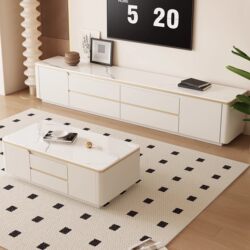 Yangman Pure Solid Wood Slate Floor-Standing Tv Cabinet and Coffee Table Set, Modern Minimalist Small Apartment Living Room Cabinet Storage