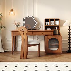 Wangkabe Solid Wood Dressing Table and Desk Combo, Modern Minimalist Bedroom Home-Use Vintage Style Extendable Corner Storage Cabinet