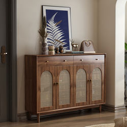 Wangkabe All-Solid Wood Rattan Shoe Cabinet for Home Entrance, Vintage Retro Storage Cabinet, New Popular Model