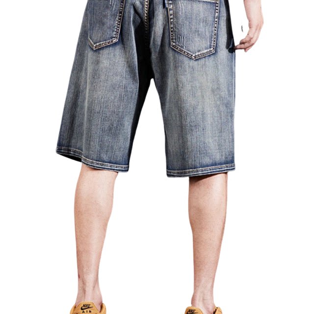 Embroidered denim shorts men's summer thin slim feet trendy Korean style men's straight mid-pants five-point pants