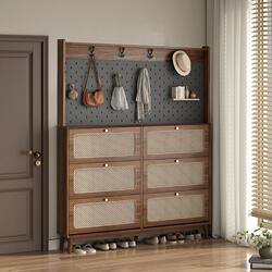 Solid Wood Ultra-Thin Flip Shoe Cabinet for Home Entrance, Integrated Storage Against the Wall, Pegboard Clothes Rack, Multifunctional Shoe Rack