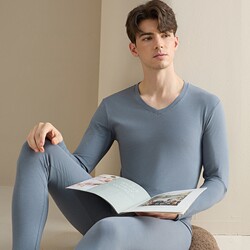 Pure Cotton Autumn Clothing Set for Men, Thin V-Neck Shirt and Pants, Youth Thermal Underwear, Men's Base Layer Cotton Sweater