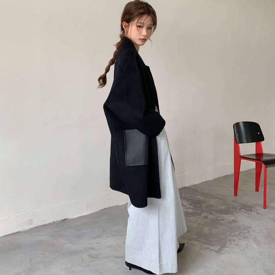 
Soviet 2025 winter new retro stand-collar simple temperament mid-length double-sided woolen coat