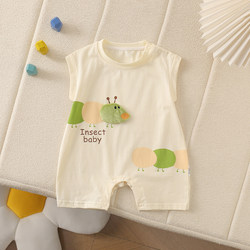 Infants and Young Children's Summer Thin Material Pure Cotton Cartoon Sleeveless Cute Romper for Boys and Girls, Newborn Baby One-Piece, Sweat-Absorbent and Breathable