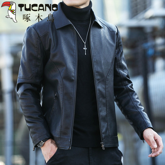 
Woodpecker leather jacket men's spring and autumn 2025 trendy brand casual lapel top motorcycle plus velvet leather jacket men