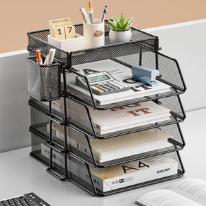 
Desktop file placement storage rack multi-layer layered desk office supplies storage rack bookshelf file column three- and five-layer iron file frame desktop a3a4 black information station organization box