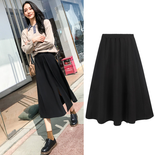 Black skirt female summer mid -length high -waisted high -waisted French retro obtrus oblivion, thin versatile loose A -line long skirt
