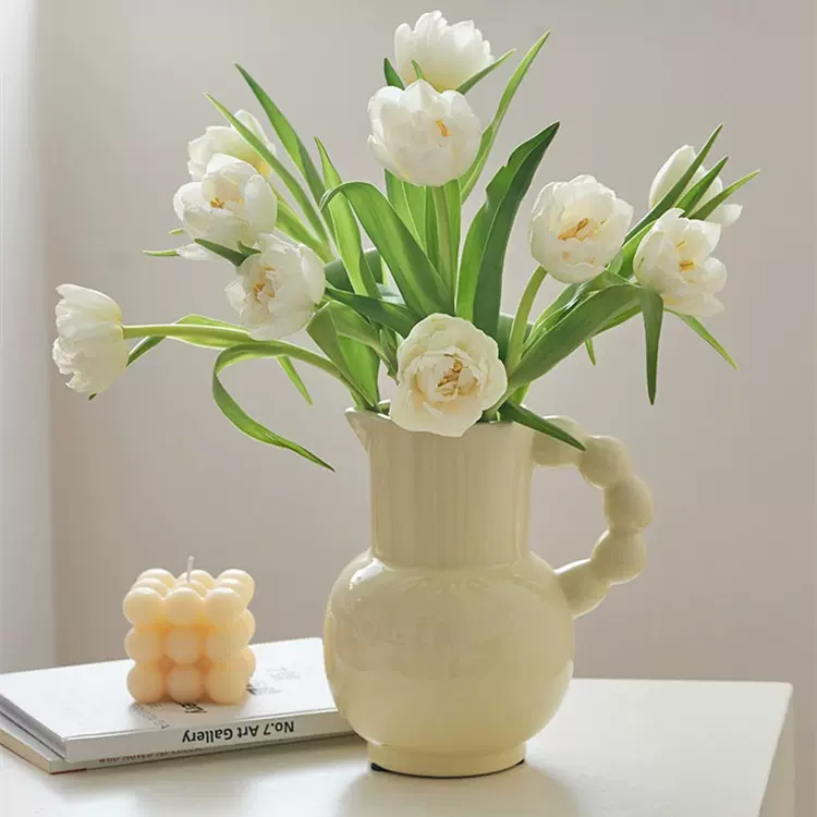 法式奶壶陶瓷花瓶郁金香专用客厅餐桌摆件客厅插花高级感奶油风-Taobao