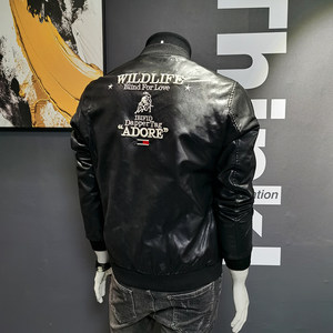 
2025 Autumn Leather Clothing Men's New Korean Style Trendy and Handsome Winter Clothes Lapel Embroidered Motorcycle Coat Leather Jacket