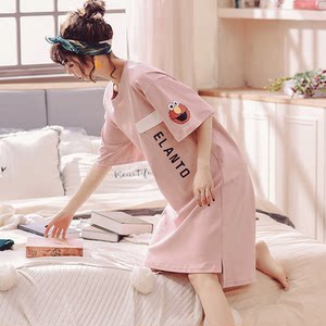 Growing skirt female summer cotton short -sleeved cartoon cute over -the -knee long skirt, big size fat MM loose pregnant woman confinement, summer pajamas