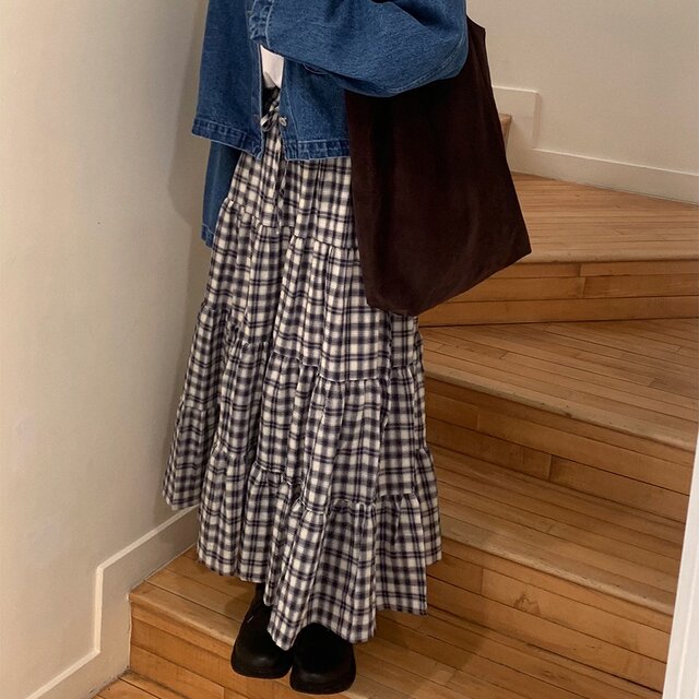 Korea Dongdaemun Fashionable and versatile plaid long skirt lace-up skirt high waist big hem skirt
