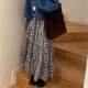 Korea Dongdaemun Fashionable and versatile plaid long skirt lace-up skirt high waist big hem skirt
