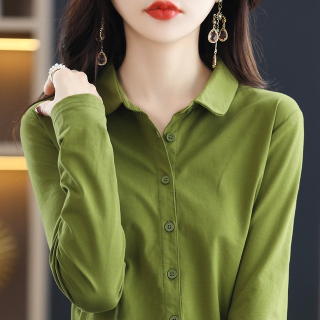 Pure cotton shirt for women loose large size POLO collar long sleeve cardigan solid color high-end shirt for women professional business women clothing