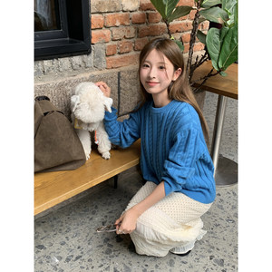 
DRIZZLE blue twist round neck sweater for women spring new Korean style loose lazy pullover sweater top