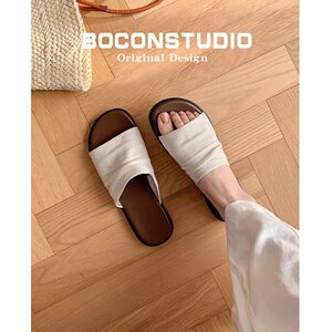 Sheepskin version ~ Vacation style Bangkok drag linen fold flat sandals for women in summer wear beach flip-flops
