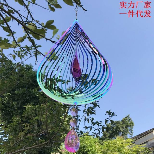 Nordic 3D style mandala stainless steel mirror light rotating wind spin home gardening pendant metal water drop wind chime