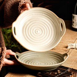 Beautiful Ceramic Dinner Plate, Japanese Style, Microwave-Safe, Double-Ear Baking Dish, Large Oven Plate, Underglaze Color Tableware