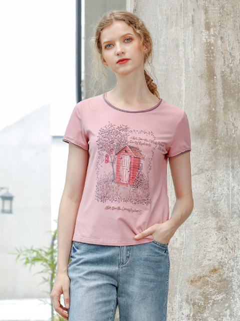 Yizhi Manor 2025 summer new pink half-sleeved short loose meat-covered embroidered T-shirt short-sleeved T-shirt for women
