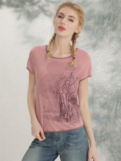 Yizhi Manor 2025 summer Korean version pink embroidered modal cotton casual T-shirt short-sleeved loose slim T-shirt for women

