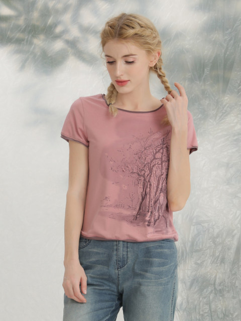 Yizhi Manor 2025 summer Korean version pink embroidered modal cotton casual T-shirt short-sleeved loose slim T-shirt for women
