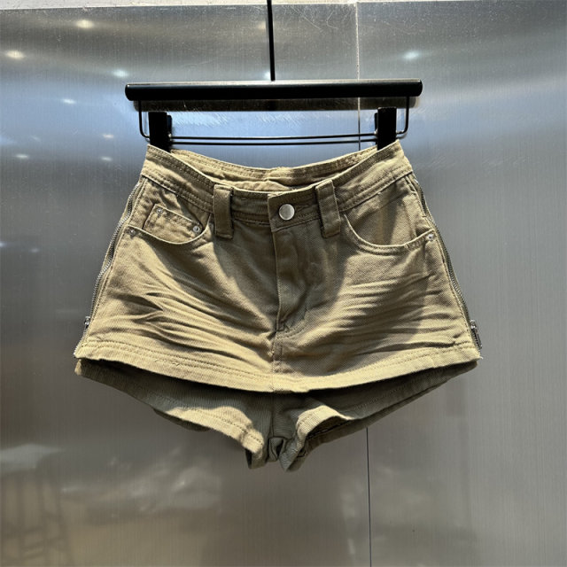 The same style as 2025 summer new pleated denim skirt for internet celebrities hot girl side zipper khaki A-line skirt