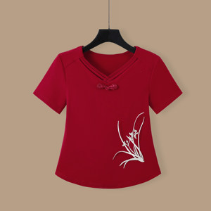 
Chinese style square dance top women's short-sleeved embroidered plate buckle ethnic style dance wear casual fashion sports T-shirt