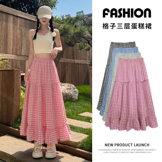 High-waisted temperament plaid cake skirt for women in summer new products black ears half-body long skirt versatile Korean design ins