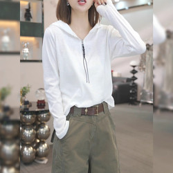 White Hooded Long-Sleeve T-Shirt for Women, 2026 Spring New Style, Plus Size, Korean Style, Half-Zip, Slimming Base Shirt
