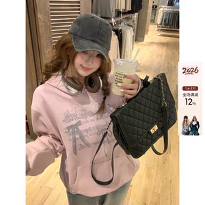 你的鱼 粉蝶奇遇 韩系微胖mm蝴蝶结印花粉色休闲百搭宽松连帽卫衣