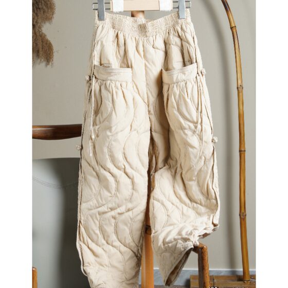
Fashionable thin down cotton pants for women in winter high-end European pallet buckle quilted warm wide-leg pants windproof straight pants trendy