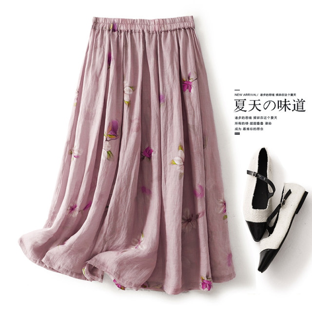 New Chinese style printed cotton and linen skirt for women in 2024 summer new loose and flowing drooping A-line umbrella skirt trendy