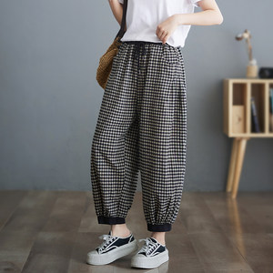 Retro cotton linen plaid casual bloomers summer Korean version large size fat mm loose meat cover nine-point Haruna carrot pants