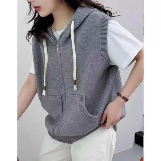 Vetener Spring and Autumn Sports Sports Casual Pure Color Poor Polying Holding Holding Cardigan Sleeveless Sweekefire Pick with Hat Coat
