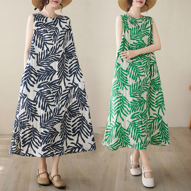 Artistic temperament cotton and linen sleeveless dress for women in summer, women's summer print loose slim linen vest vacation long skirt
