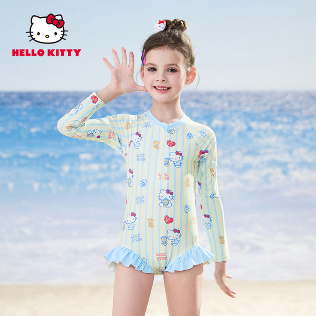 Hellokitty children's swimsuit female 2025 new medium and large children's one-piece long-sleeved sun protection quick-drying girl's swimsuit