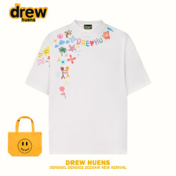 Drew Huens National Trendy Brand Creative Cartoon Graffiti Print Half-Sleeve High Street Couple Round Neck Short-Sleeve T-Shirt for Men and Women