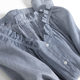 French elegant light luxury blue striped pure linen earrings stand collar drop shoulders 7-quarter sleeves literary temperament shirt top