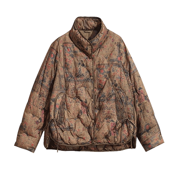 Nina's fashionable mother wears lightweight and warm goose down jacket
