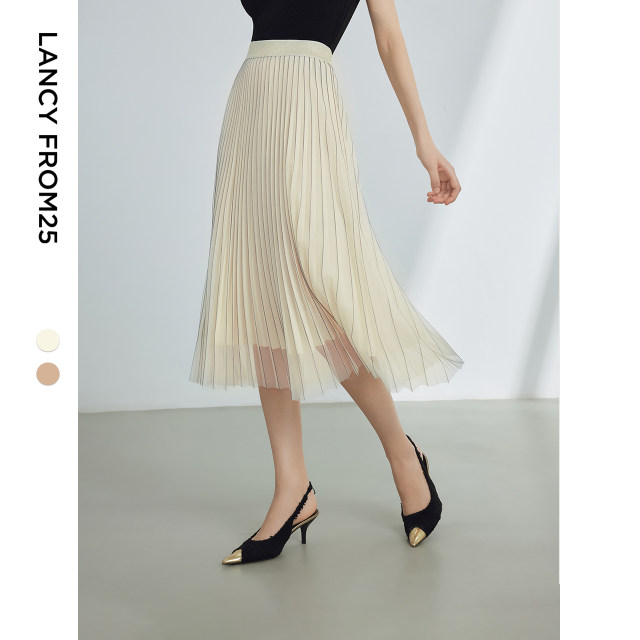Langzi French pleated skirt temperament gauze skirt 2024 summer new high -waisted straight tube high -end skirt female
