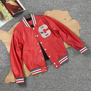
High-end red calf leather jacket embroidered motorcycle leather jacket soft leather baseball uniform Japanese casual jacket men and women