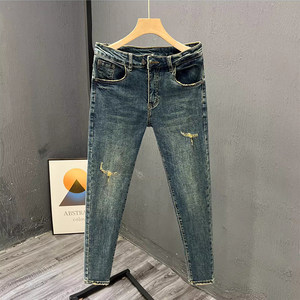 
Trendy brand retro jeans men's 2025 summer new ripped slim fit small feet elastic versatile casual nine-point pants