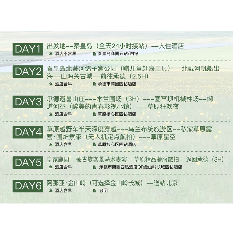 秦皇岛+北戴河+乌兰布统+金山岭长城+小布达拉宫6日5晚8人拼团