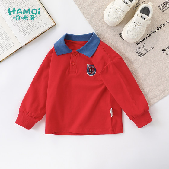 
Boys' POLO shirts, spring and autumn clothing, small children's handsome lapel long-sleeved bottoming shirts, red tops, baby T-shirts, children's clothing