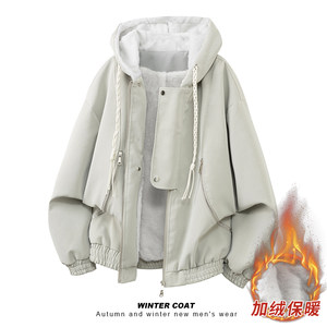 
American mountain sculpture plus velvet hooded cotton coat for men winter new trendy brand couple thickened warm pu leather cotton coat