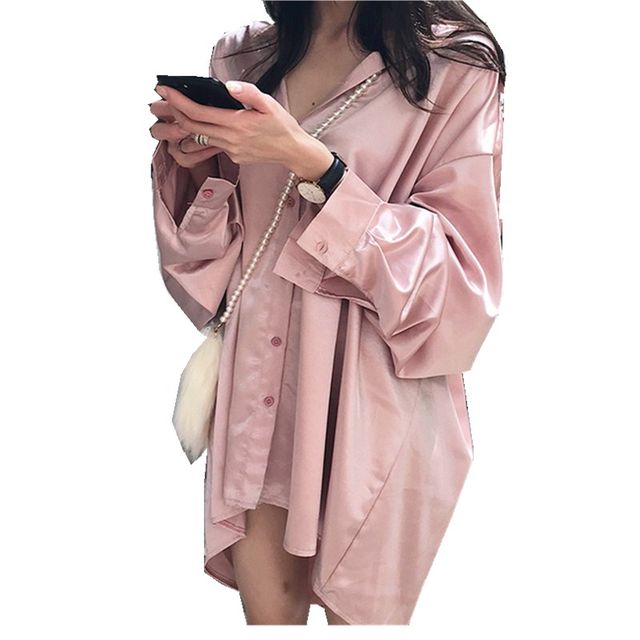 Spring and Autumn New Korean Loose Large Size BF Boyfriend Mid-Long Pajamas Comfortable Silk Gloss Satin Shirt Women